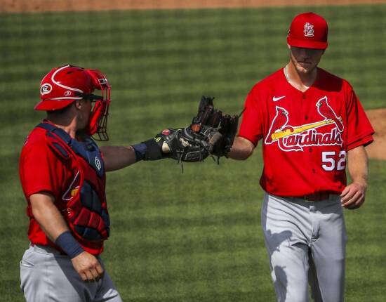 St. Louis Cardinals relief pitcher Alex Reyes (29) and catcher